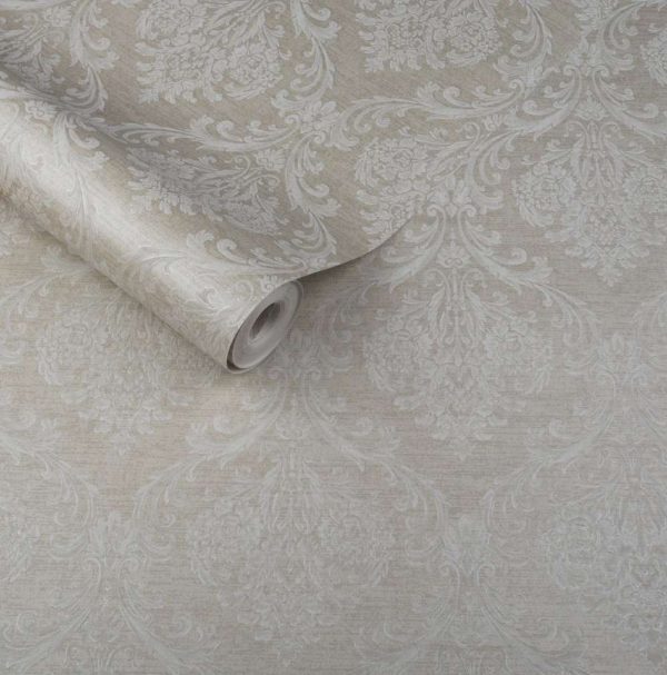 Esta es una imagen de un rollo de papel tapiz en colores blanco y beige. El papel tapiz tiene un diseño estampado y presenta paneles o secciones.