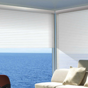 Una sala de estar que tiene Cortinas Venecianas a través de las cuales se puede ver el océano.