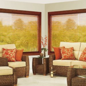 Sala con muebles de un color marrón que hacen juego a sus ventanas con persianas del mismo color