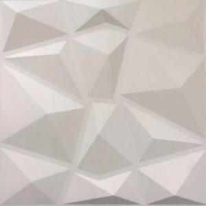 Es una imagen de un panel decorativo blanco en 3D con forma de diamantes y tiene triángulos sobre él.