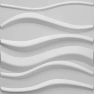 Se trata de una pared blanca que tiene un panel decorativo 3D con un diseño de ondas sobre ella.