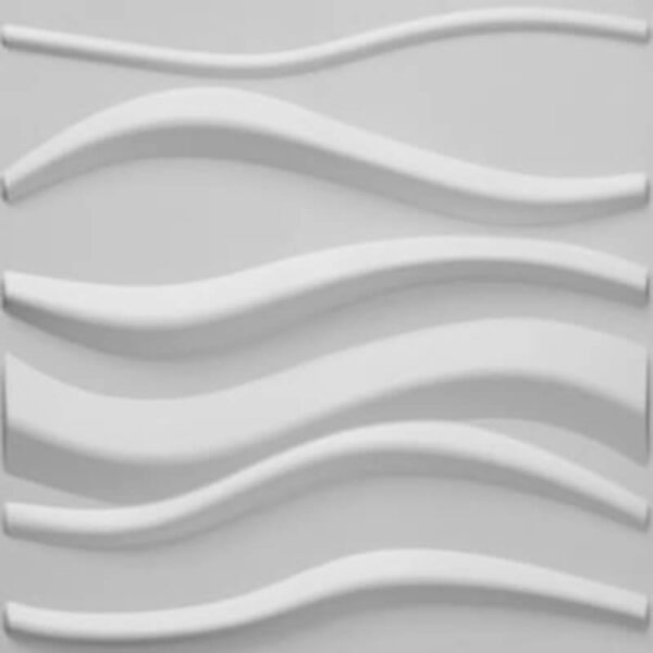 Se trata de una pared blanca que tiene un panel decorativo 3D con un diseño de ondas sobre ella.