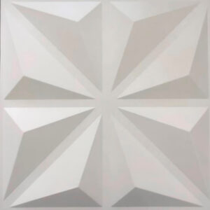 Es una imagen de un panel decorativo en 3D, de color blanco, con un diseño geométrico en forma de pirámide. Este panel está pensado para usarse como elemento decorativo en las habitaciones.