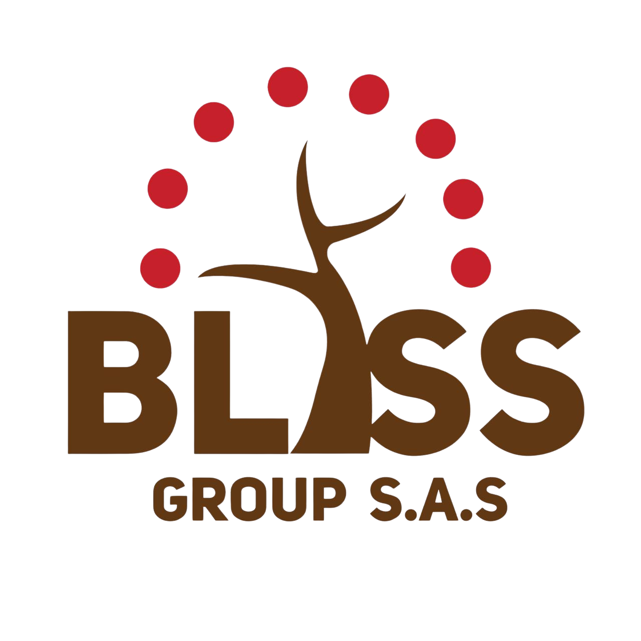 El logo de BLISS GROUP S.A.S tiene un árbol dentro del texto y nueve puntos rojos formando media luna arriba.